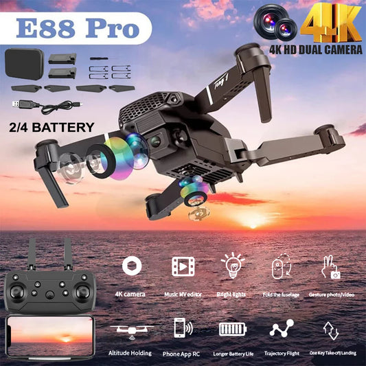 E88 Pro RC Drone WiFi FPV Height Hold Foldable Obstacle Avoidance 4K Wide-Angle HD Camera Quadrotor Helicopter Children's Toys